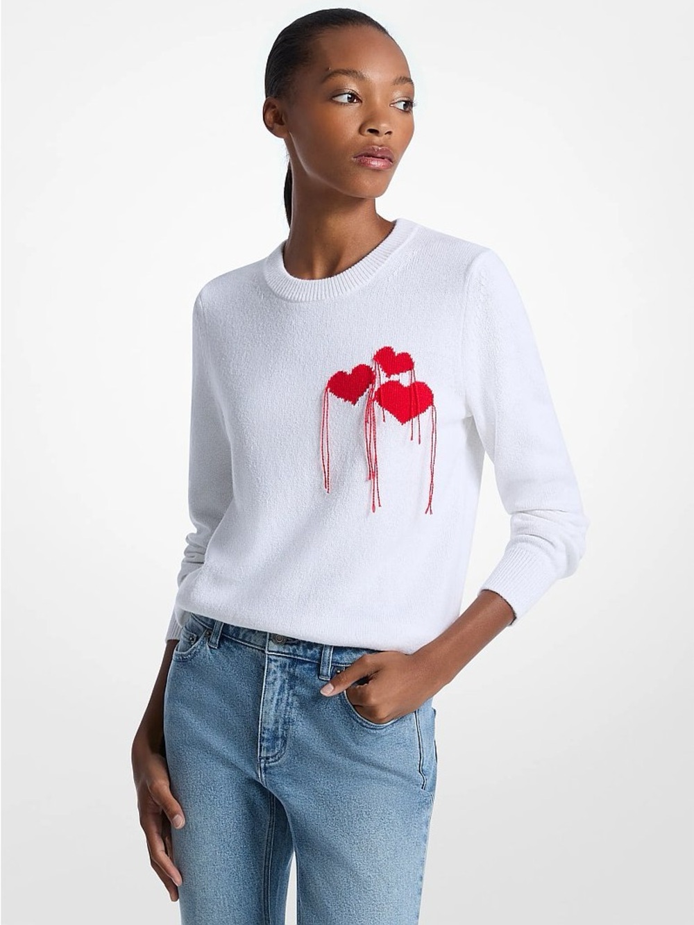Michael Kors Fringed Heart Cotton Blend Sweater White M NWT